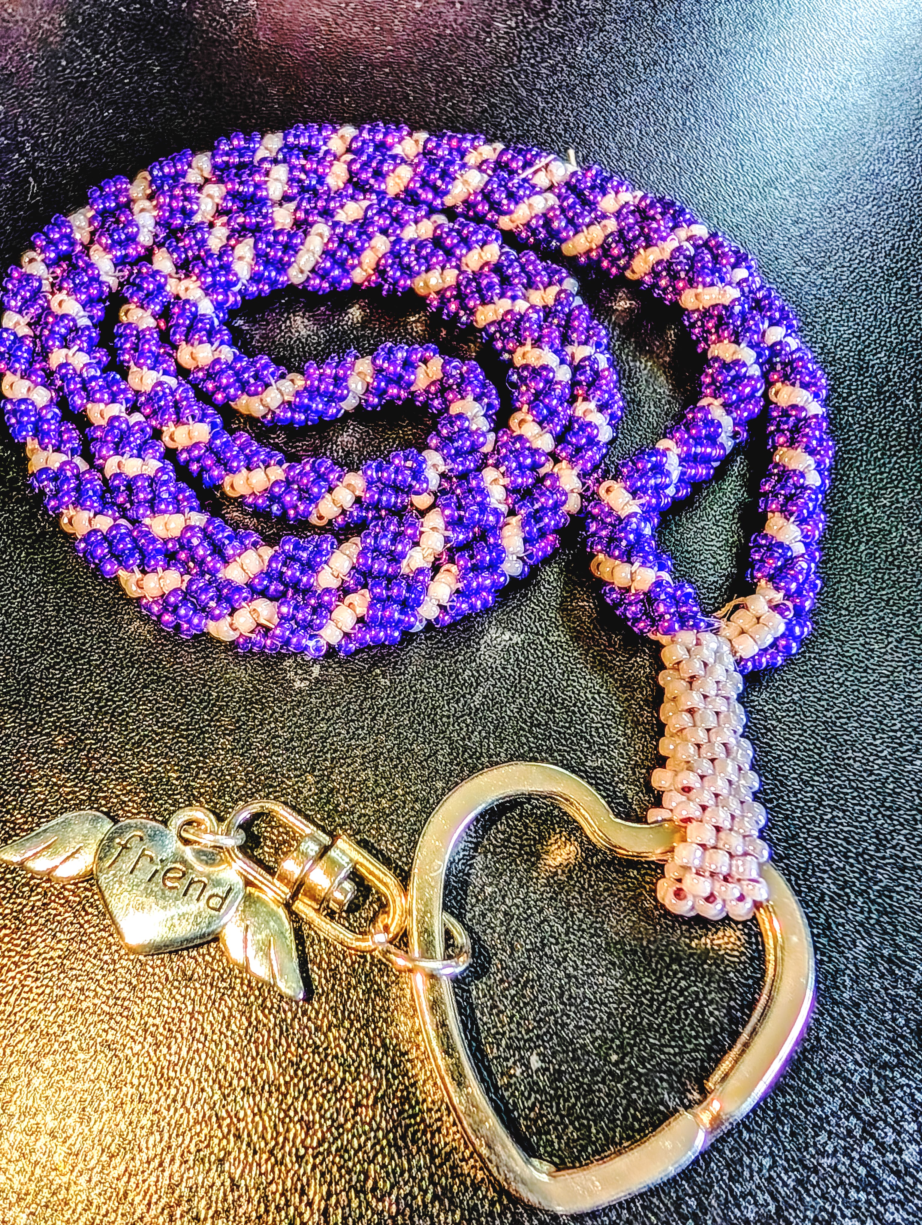 Beaded Lanyard Deep Purple & Cream Color