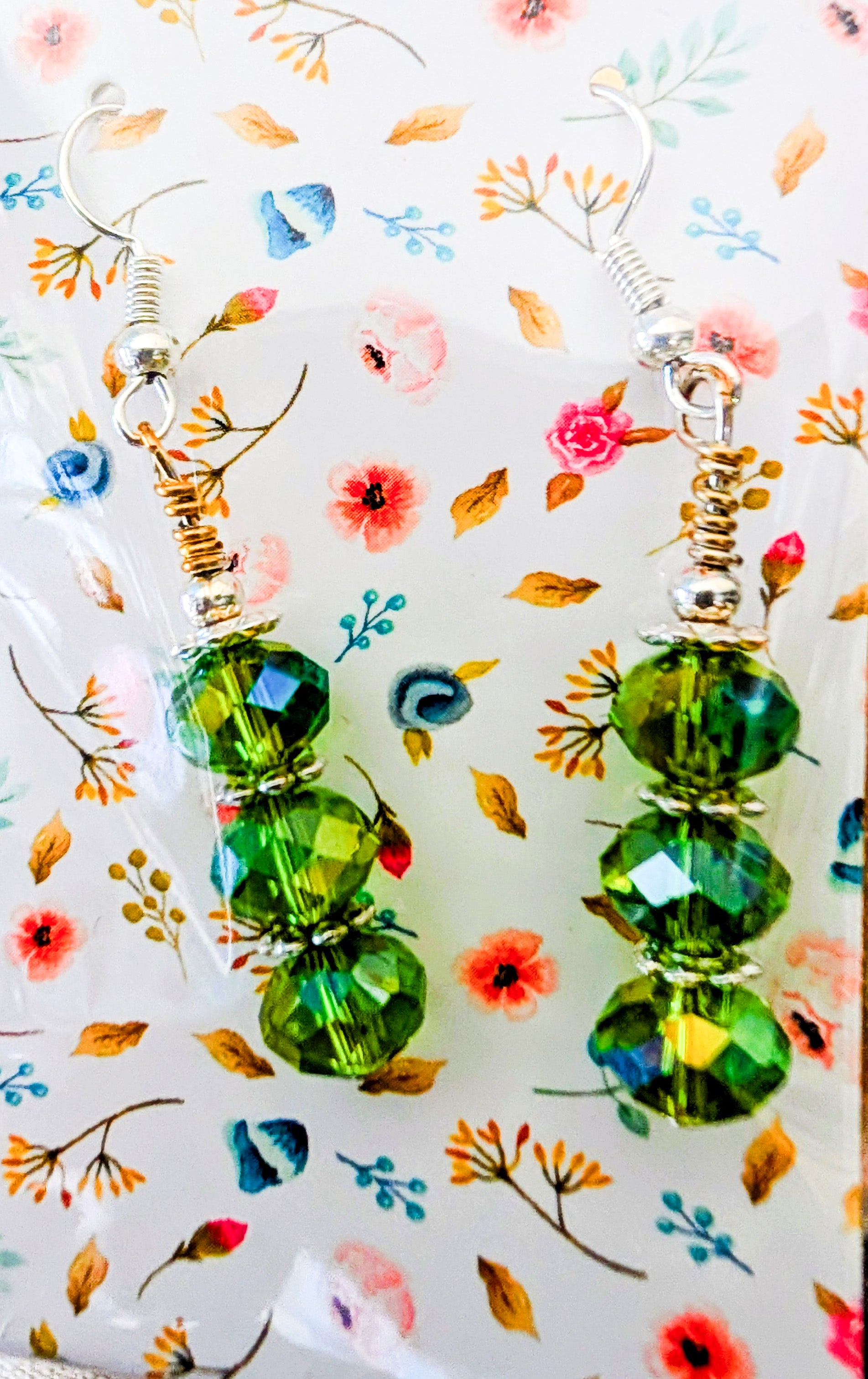 Green Cut Glass Dangle Earrings