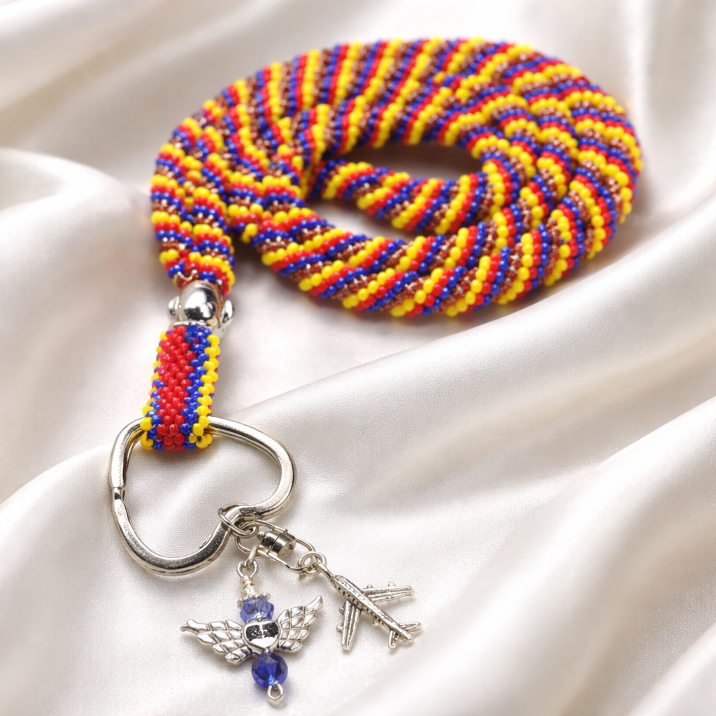 Exotic Yellow, Blue, Red Lanyard W/ Charms