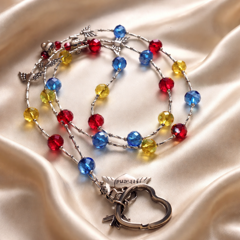Beaded lanyard Blue,red, yellow with charms